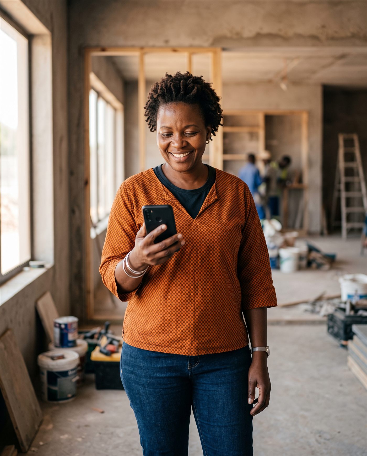 A client checking her project's progress from her phone at the site